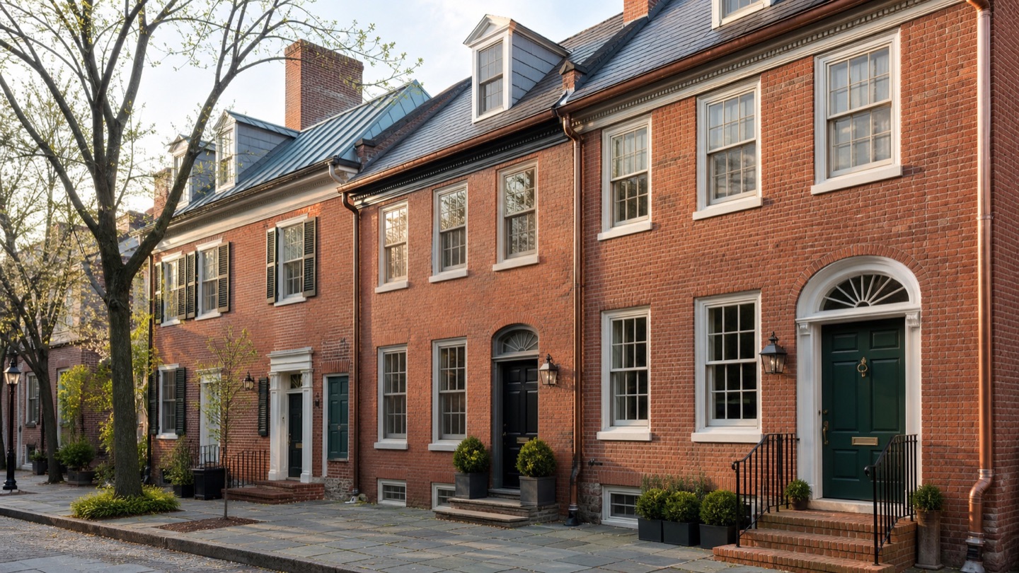 Representative attached brick rowhouses with traditional cornices and tall windows.
