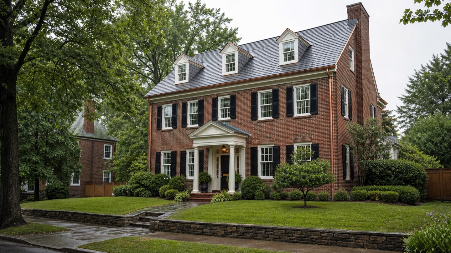 Representative brick Colonial home with dormers, shutters and copper-toned gutters.