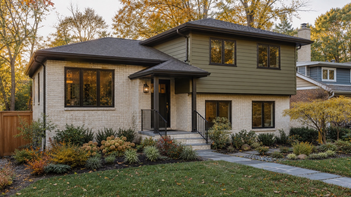 Representative split-level home with coordinated roofing, siding and brick.