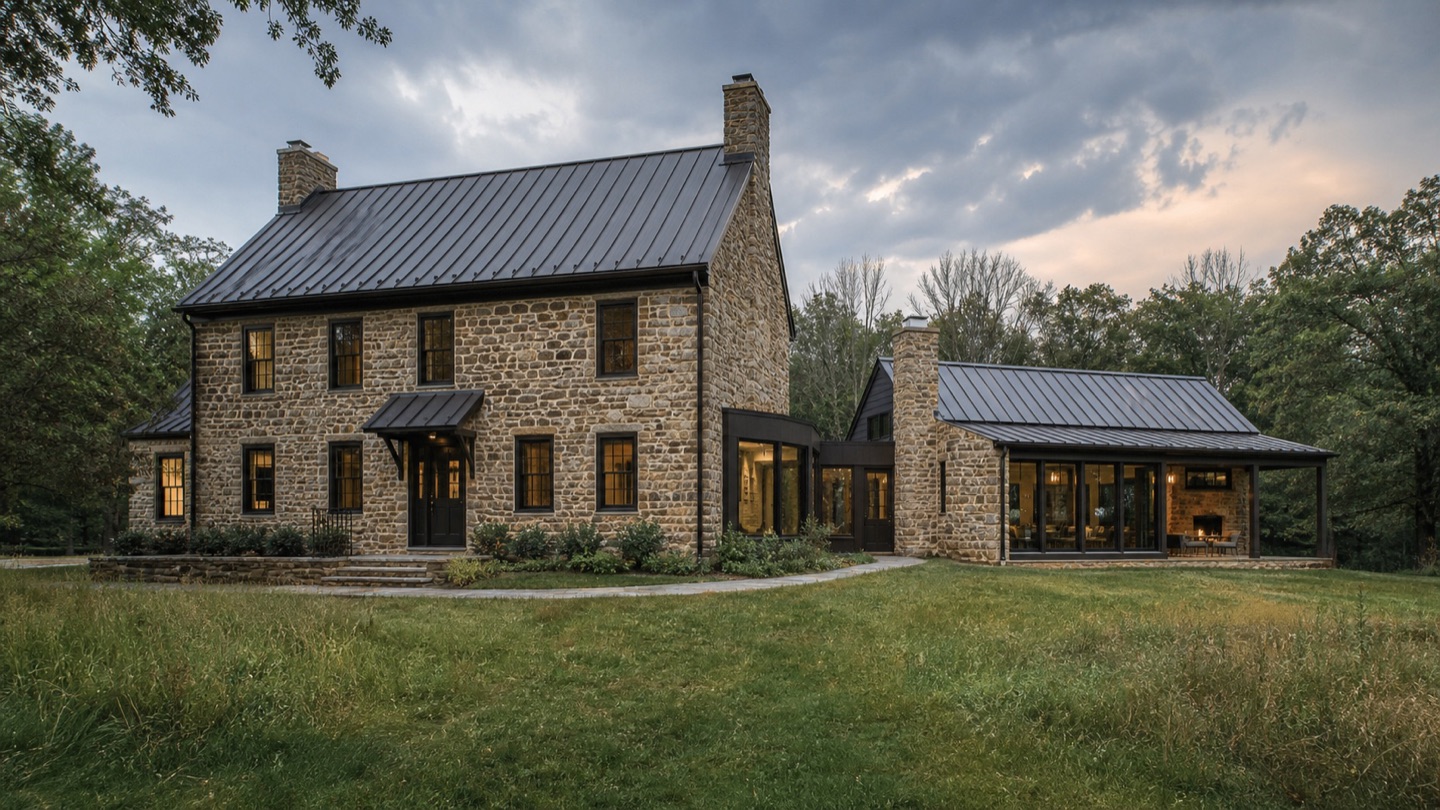 Representative fieldstone home with a metal roof and connected additions.