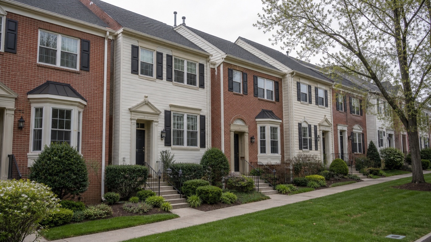 Representative townhome exteriors with coordinated brick, siding and rooflines.