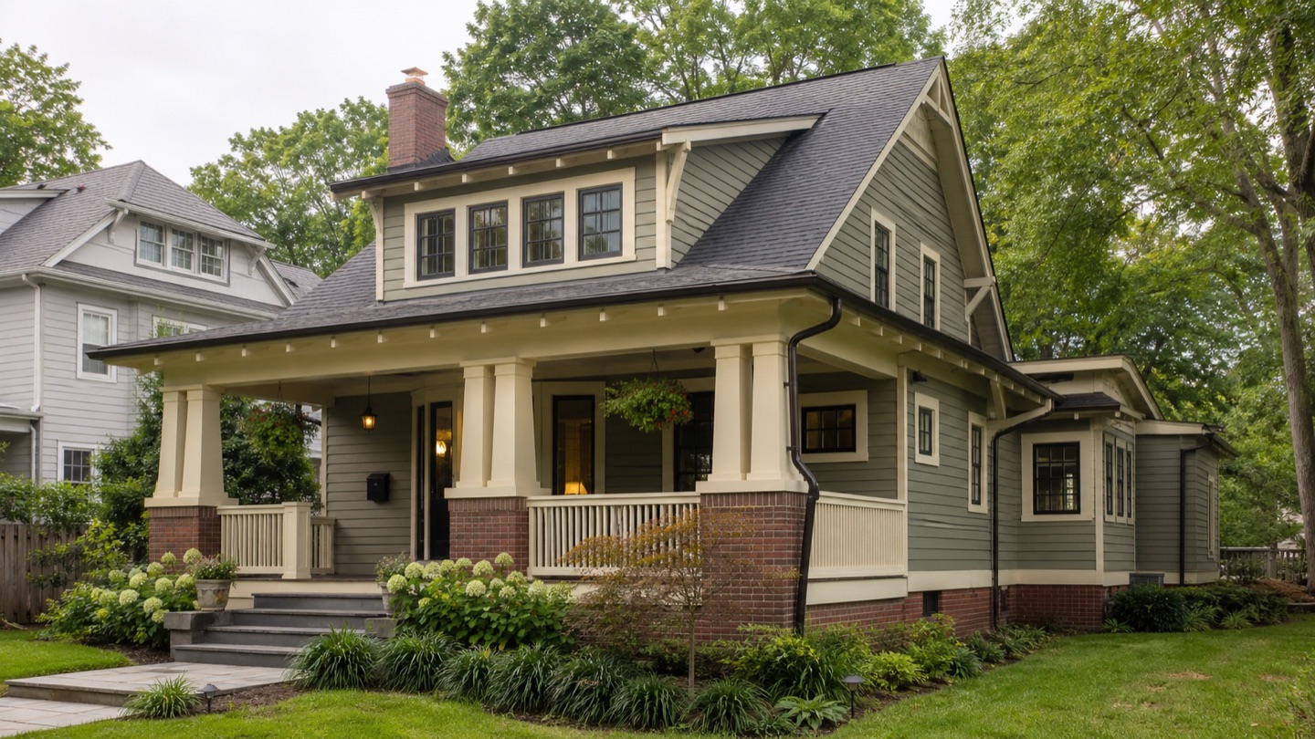 Representative Craftsman-style home with broad eaves and a covered front porch.