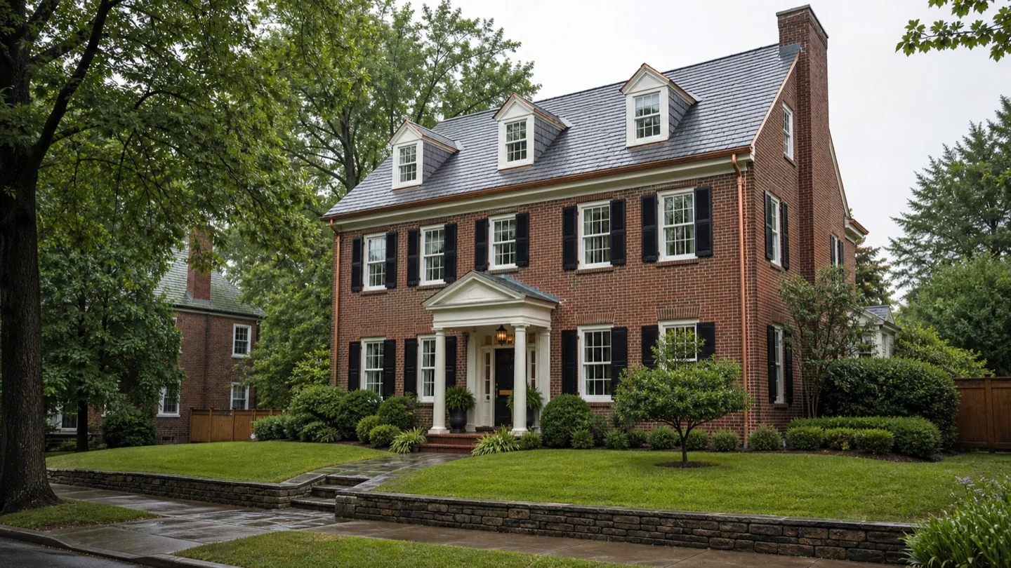 Representative brick Colonial home with roof dormers, dark shutters and copper-toned gutters.