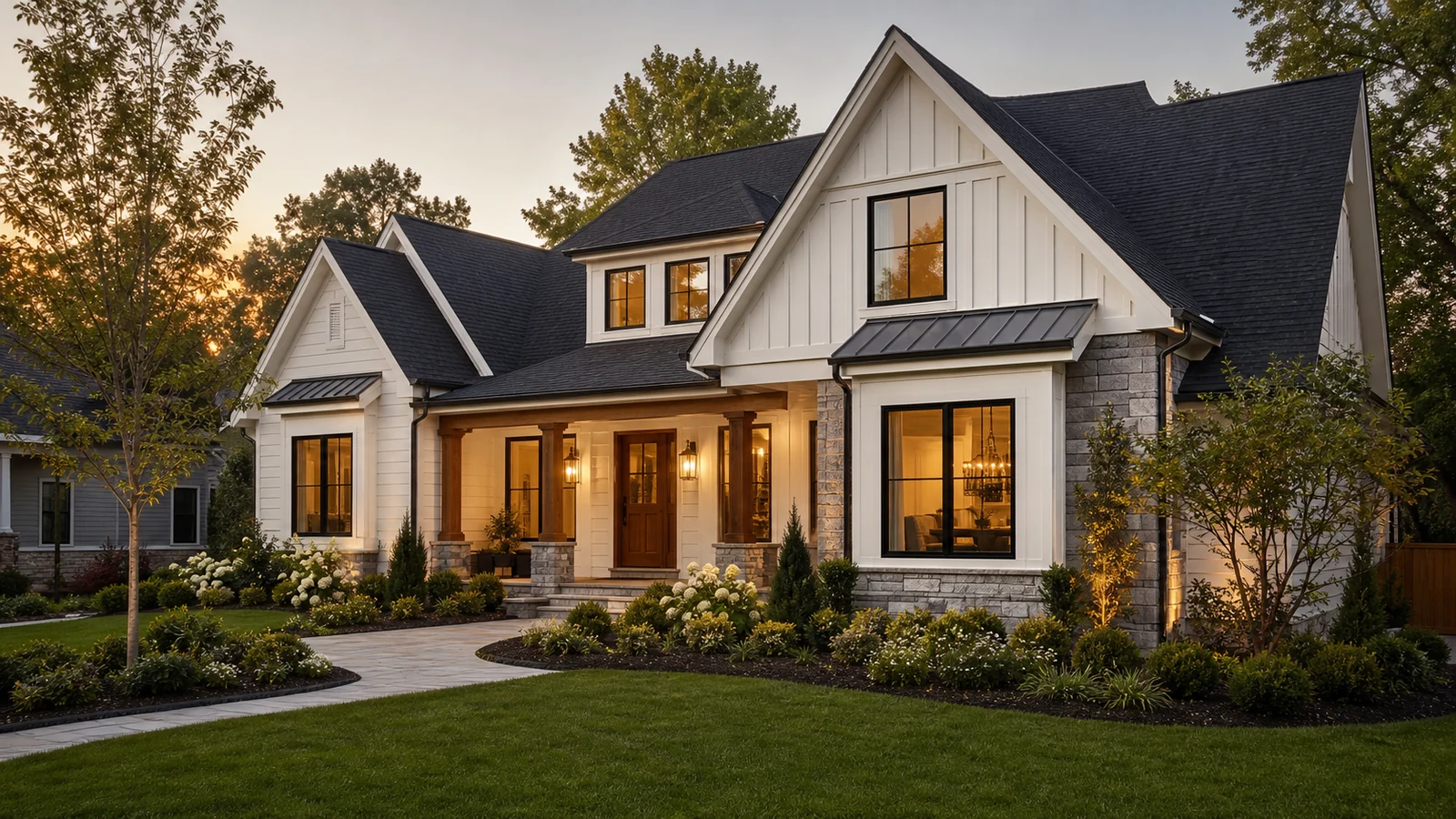 Illustrative white home with dark rooflines, broad windows and landscaped entry.