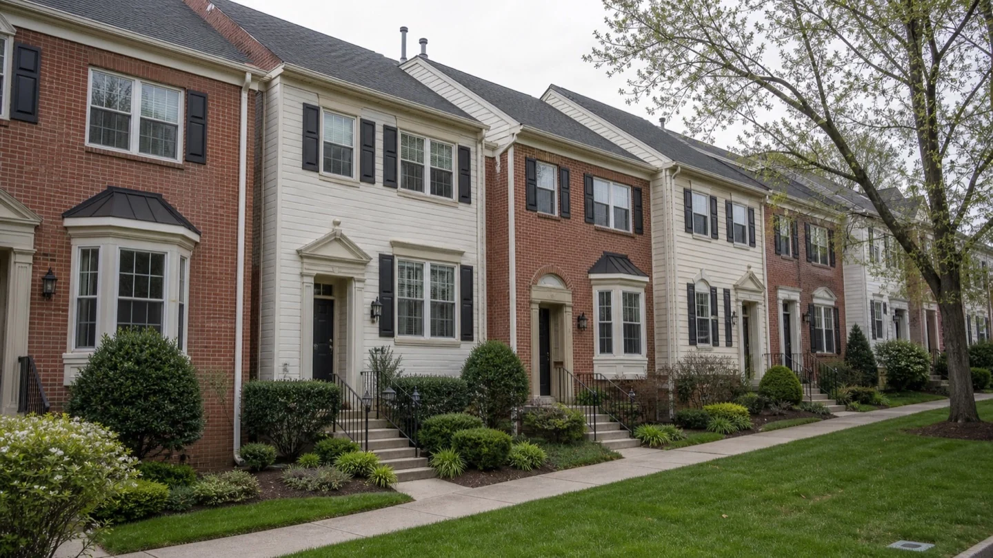 Representative townhome exteriors with coordinated brick, siding and rooflines.