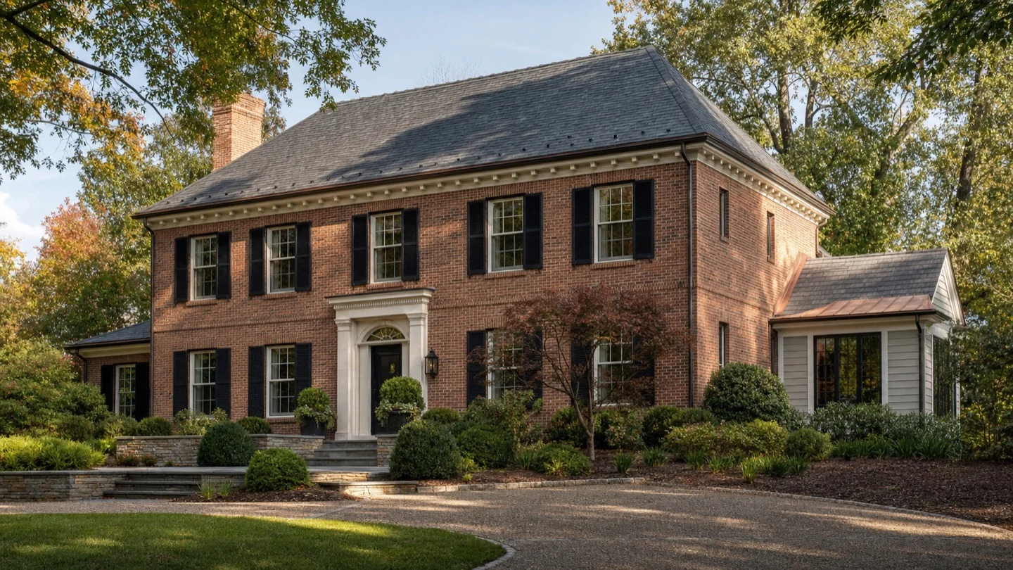Representative brick Colonial home with a steep roof, chimney and landscaped entry.